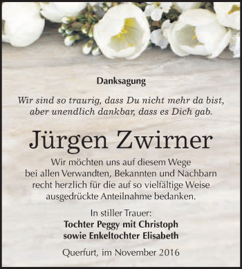 Traueranzeige von Jürgen Zwirner von WVG - Wochenspiegel Merseburg