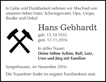 Traueranzeige von Hans Gebhardt von Super Sonntag SGH Mansf. Land