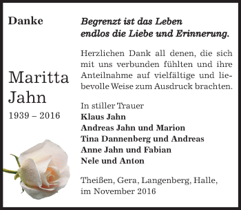 Traueranzeige von Maritta Jahn von Mitteldeutsche Zeitung Zeitz
