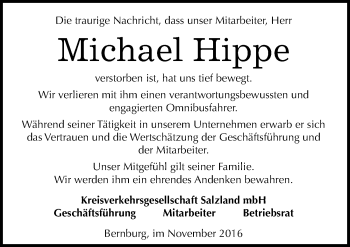Traueranzeige von Michael Hippe von Mitteldeutsche Zeitung Bernburg