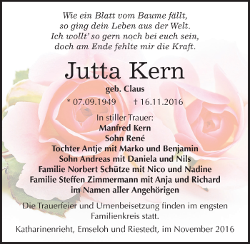 Traueranzeige von Jutta Kern von Mitteldeutsche Zeitung Sangerhausen