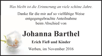 Traueranzeige von Johanna Barthel von WVG - Wochenspiegel Bitterfeld