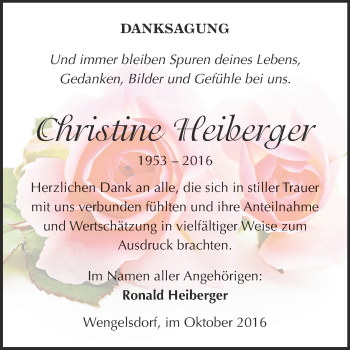 Traueranzeige von Christine Heiberger von Super Sonntag Merseburg