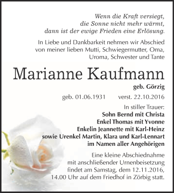 Traueranzeige von Marianne Kaufmann von WVG - Wochenspiegel Bitterfeld
