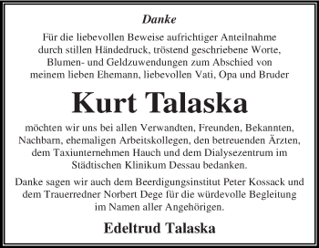 Traueranzeige von Kurt Talaska von WVG - Wochenspiegel Dessau / Köthen