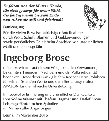 Traueranzeige von Ingeborg Brose von WVG - Wochenspiegel Merseburg