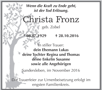 Traueranzeige von Christa Fronz von Wochenspiegel Mansfelder Land