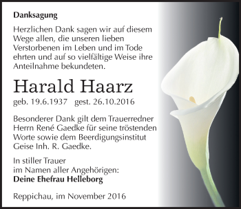 Traueranzeige von Harald Haarz von Mitteldeutsche Zeitung Köthen