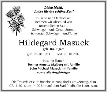 Traueranzeige von Hildegard Masuck von Mitteldeutsche Zeitung Merseburg/Querfurt