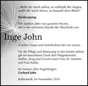 Traueranzeige von Inge John von Mitteldeutsche Zeitung Quedlinburg