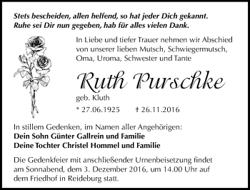 Traueranzeige von Ruth Purschke von Mitteldeutsche Zeitung Halle/Saalkreis