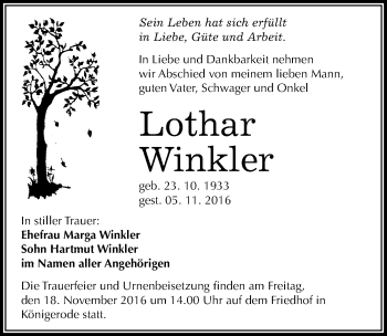 Traueranzeige von Lothar Winkler von Mitteldeutsche Zeitung Mansfelder Land
