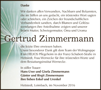 Traueranzeige von Gertrud Zimmermann von Super Sonntag SGH Mansf. Land