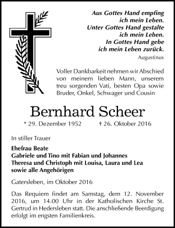 Traueranzeige von Bernhard Scheer von Mitteldeutsche Zeitung Aschersleben