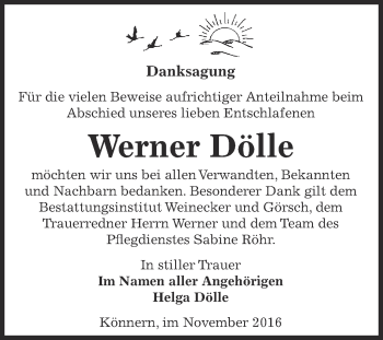 Traueranzeige von Werner Dölle von Super Sonntag Bernburg