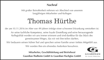 Traueranzeige von Thomas Hürthe von WVG - Wochenspiegel Bitterfeld