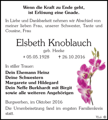Traueranzeige von Elsbeth Knoblauch von WVG - Wochenspiegel NMB / WSF / ZTZ