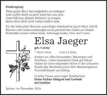 Traueranzeige von Elsa Jaeger von WVG - Wochenspiegel Bitterfeld
