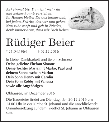 Traueranzeige von Rüdiger Beier von WVG - Wochenspiegel Merseburg