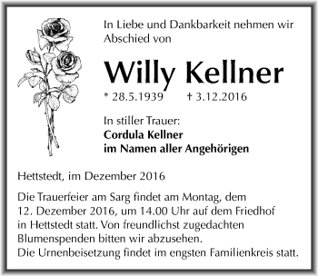 Traueranzeige von Willy Kellner von Mitteldeutsche Zeitung Mansfelder Land