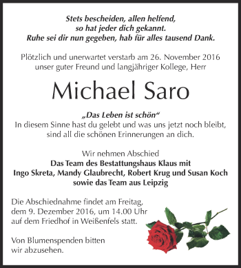 Traueranzeige von Michael Saro von WVG - Wochenspiegel NMB / WSF / ZTZ