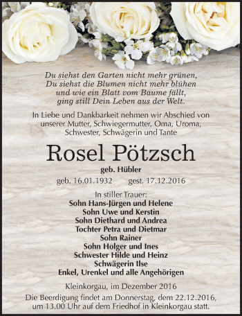 Traueranzeige von Rosel Pötzsch von Mitteldeutsche Zeitung Wittenberg