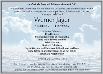Traueranzeige von Werner Jäger von Mitteldeutsche Zeitung Mansfelder Land