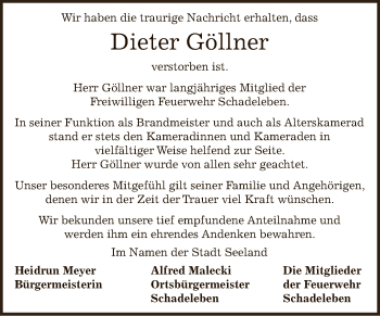 Traueranzeige von Dieter Göllner von Super Sonntag Aschersleben