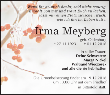 Traueranzeige von Irma Meyberg von Mitteldeutsche Zeitung Bitterfeld