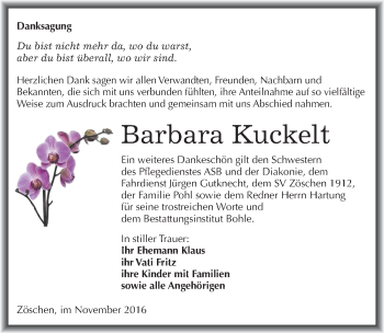 Traueranzeige von Barbara Kuckelt von Mitteldeutsche Zeitung Merseburg/Querfurt