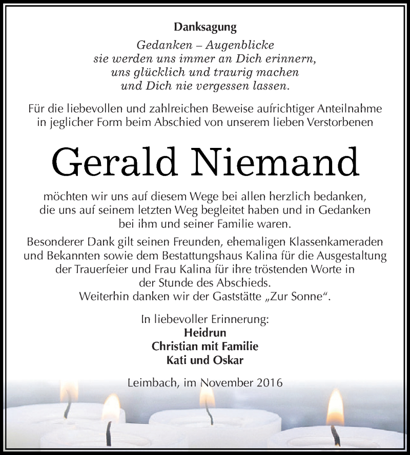  Traueranzeige für Gerald Niemand vom 07.12.2016 aus Wochenspiegel Mansfelder Land