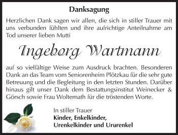 Traueranzeige von Ingeborg Wartmann von Mitteldeutsche Zeitung Bernburg
