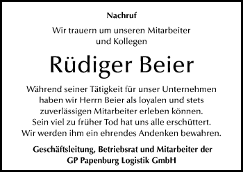 Traueranzeige von Rüdiger Beier von Mitteldeutsche Zeitung Merseburg/Querfurt