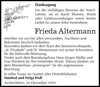 Traueranzeige von Frieda Altermann von Mitteldeutsche Zeitung Aschersleben