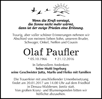 Traueranzeige von Olaf Paufler von Mitteldeutsche Zeitung Dessau-Roßlau