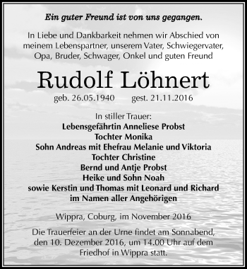Traueranzeige von Rudolf Löhnert von Mitteldeutsche Zeitung Mansfelder Land