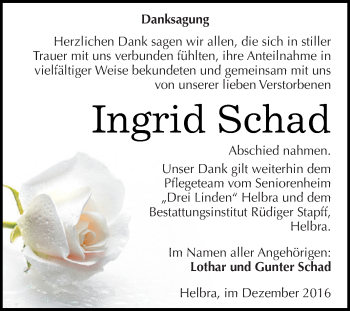 Traueranzeige von Ingrid Schad von Super Sonntag SGH Mansf. Land