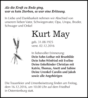 Traueranzeige von Kurt May von WVG - Wochenspiegel Dessau / Köthen