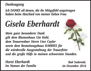 Traueranzeige von Gisela Eberhardt von WVG - Wochenspiegel Quedlinburg