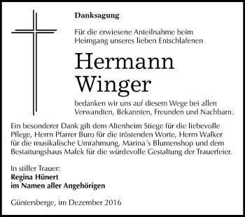Traueranzeige von Hermann Winger von WVG - Wochenspiegel Quedlinburg