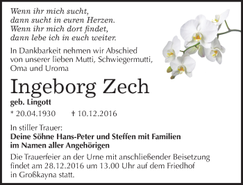Traueranzeige von Ingeborg Zech von Mitteldeutsche Zeitung Merseburg/Querfurt