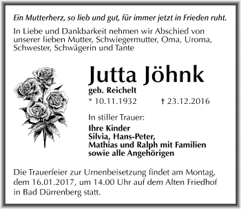 Traueranzeige von Jutta Jöhnk von Mitteldeutsche Zeitung Merseburg/Querfurt