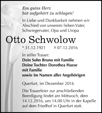Traueranzeige von Otto Schwolow von WVG - Wochenspiegel Merseburg