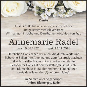 Traueranzeige von Annemarie Radel von WVG - Wochenspiegel Merseburg