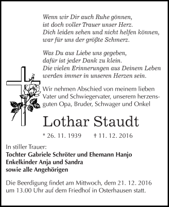 Traueranzeige von Lothar Staudt von Super Sonntag SGH Mansf. Land