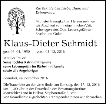 Traueranzeige von Klaus-Dieter Schmidt von Mitteldeutsche Zeitung Mansfelder Land