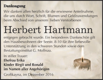 Traueranzeige von Herbert Hartmann von WVG - Wochenspiegel Merseburg