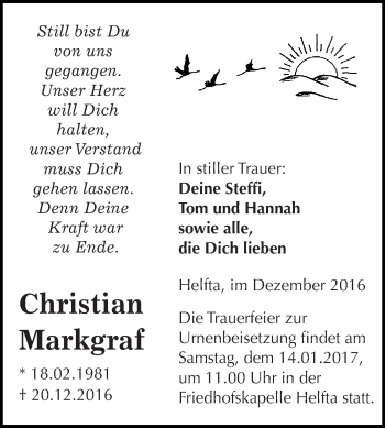 Traueranzeige von Christian Markgraf von Wochenspiegel Mansfelder Land