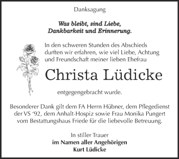 Traueranzeige von Christa Lüdicke von WVG - Wochenspiegel Dessau / Köthen
