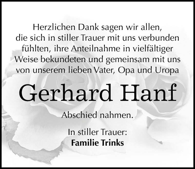  Traueranzeige für Gerhard Hanf vom 09.12.2016 aus Mitteldeutsche Zeitung Mansfelder Land